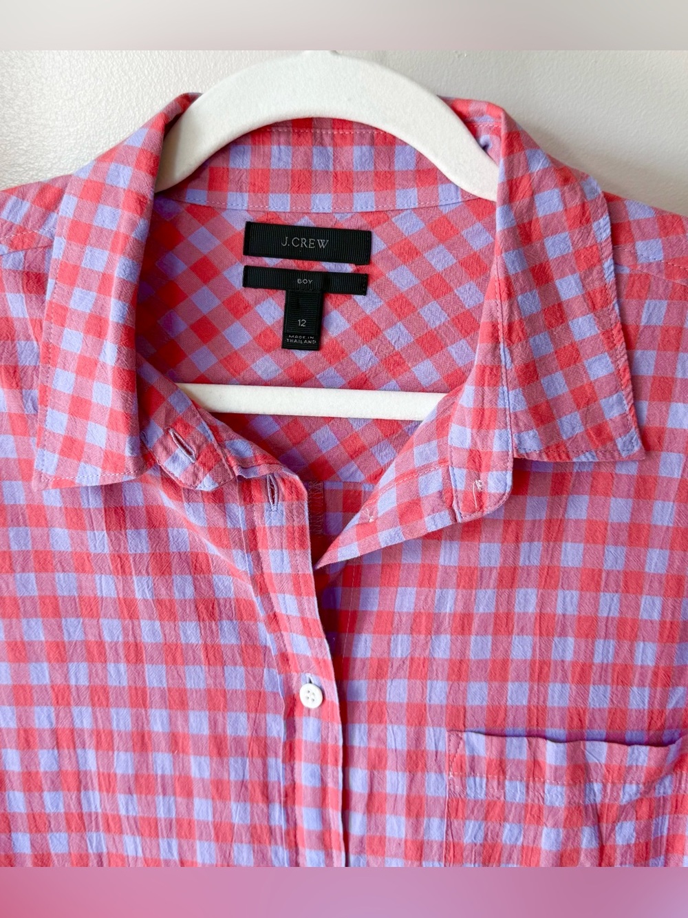 J Crew Women’s Classic Fit Boy Shirt in Crinkle Gingham Cotton Purple Pink 12 - Picture 4 of 8
